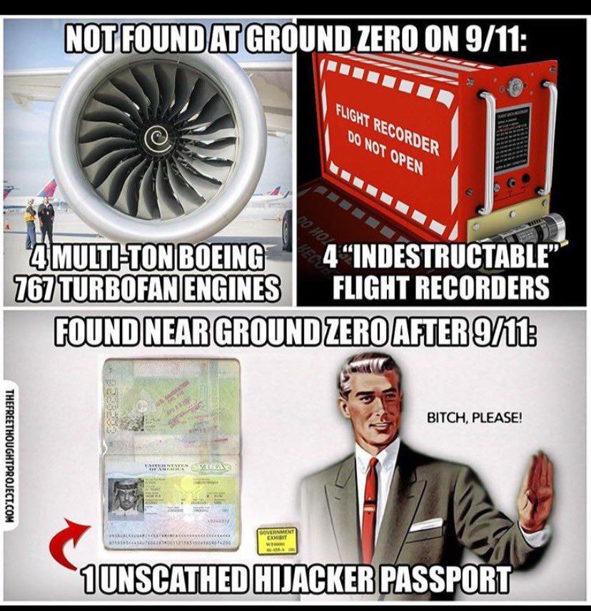 T2SNJ's tweet image. The wrong engines were found on Murray st, there was no black box found, and there was fireproof passports. #rethink911