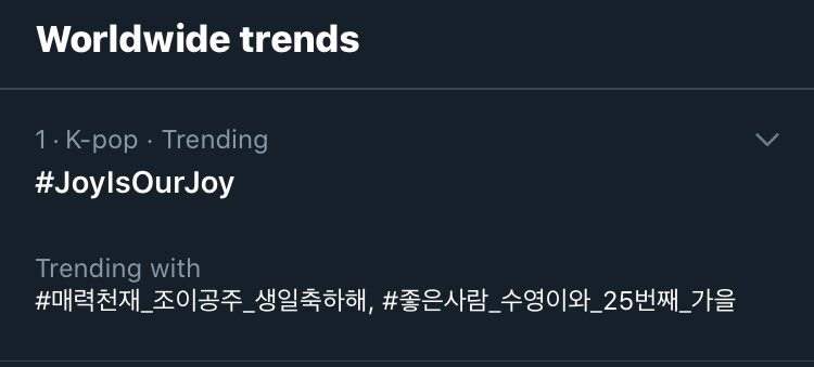 rvelites's tweet photo. No 1 Worldwide Trends 💚🎉🥳

Congrats Joy and Reveluvs!
How are the hashtags trending in your country?

#JoyIsOurJoy
#HappyJoyDay
#매력천재_조이공주_생일축하해
#좋은사람_수영이와_25번째_가을
@RVsmtown https://t.co/mvaMAwKrgh