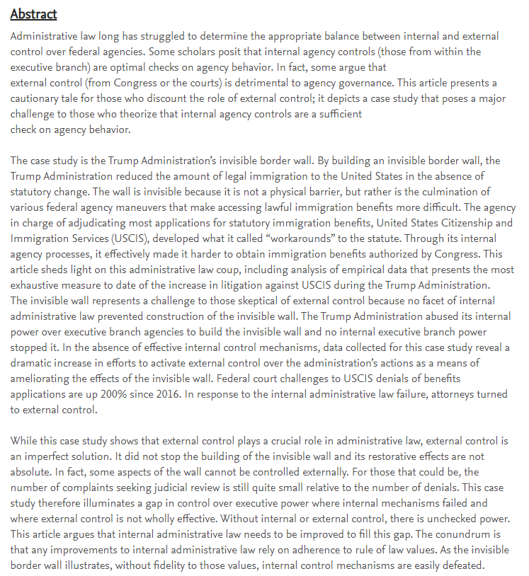 Fascinating new article (<a href="/lclawreview/">L&C Law Review</a> forth'g) by Jill Family (<a href="/widenerLG/">WLC Law & Govt Institute/Student Society</a>) with a case study on the role of internal and external #adlaw in the immigration context: ssrn.com/abstract=36838…
