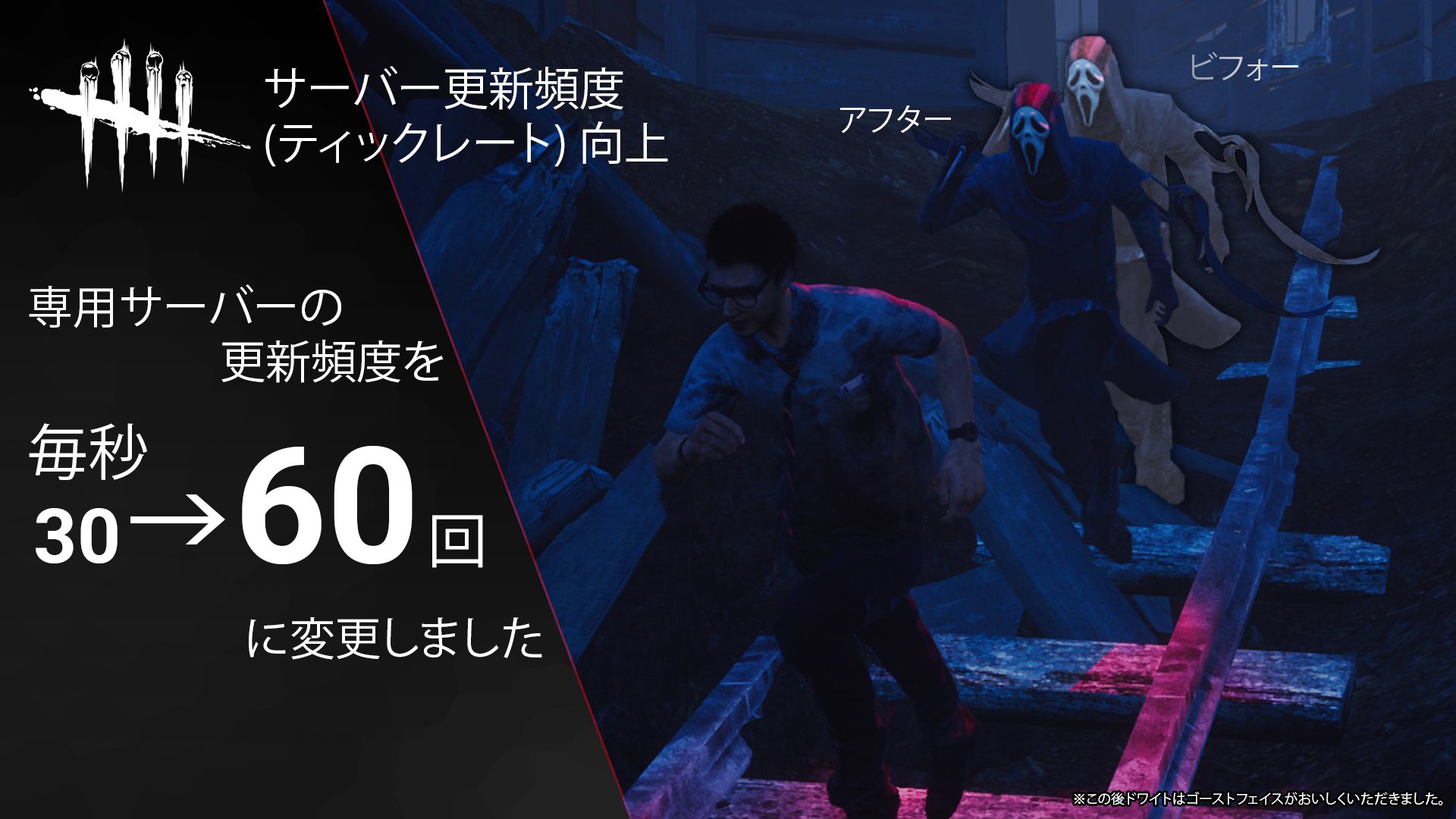 公式 Dead By Daylight お知らせ 専用サーバーの更新頻度 ティックレート を毎秒30回 60回に引き上げました プレイヤーがどこで何をしているかという情報がサーバーから送信される頻度が増えることで表示がよりスムーズになり 攻撃が遠くから