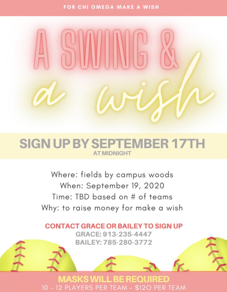 Hey Empo!! 👋
Chi Omega is putting on a softball tournament on September 19th to support our amazing philanthropy, Make-A-Wish! ✨
All proceeds will go to the Make-A-Wish Foundation, so we would LOVE for you to sign up and come have some fun! Can’t wait to see you there 🤩