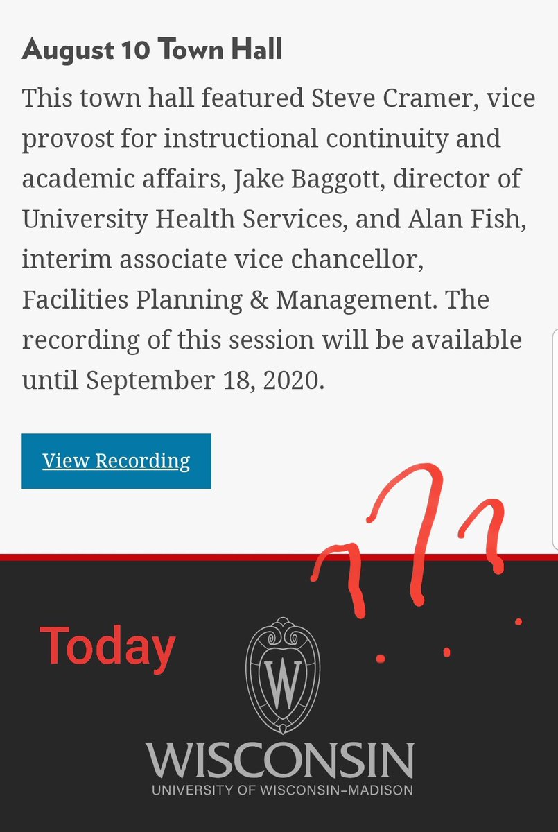 Just finished teaching my first class of the semester and thought I'd check to see if  @UWMadison had answered any of the Qs I submitted at the July 29th town hall... But admin deleted the section of the website where they promised to post answers. https://instructionalcontinuity.wisc.edu/town-halls/ 
