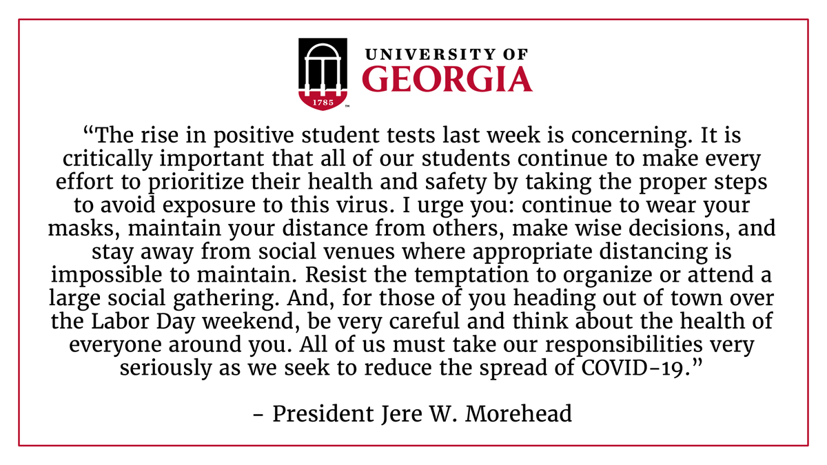 universityofga's tweet photo. Statements from President Morehead and VP Wilson regarding positive student tests: https://t.co/VZGxjufprK