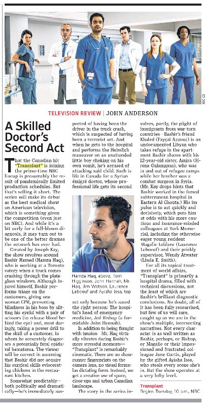 A wonderful article about <a href="/TransplantCTV/">Transplant</a> from the 
<a href="/WSJ/">The Wall Street Journal</a>. <a href="/NBCTransplant/">Transplant</a> aired last night on <a href="/nbc/">NBC Entertainment</a>
 at 10pm EST. Our client <a href="/Ayisha_Issa/">Ayisha Issa</a>
 plays Dr. June Curtis!