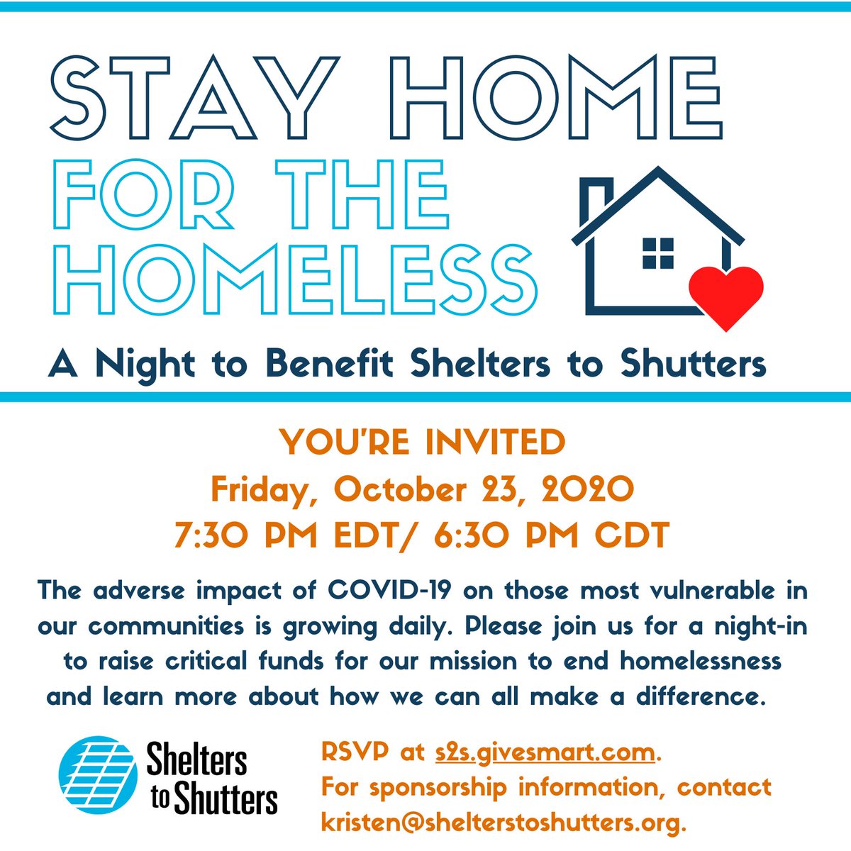 Save the Date for October 23 and join us to raise critical support for individuals and families who are facing #homelessness! COVID-19 has hit the population we serve incredibly hard and our needs are greater than ever! RSVP here: s2s.givesmart.com