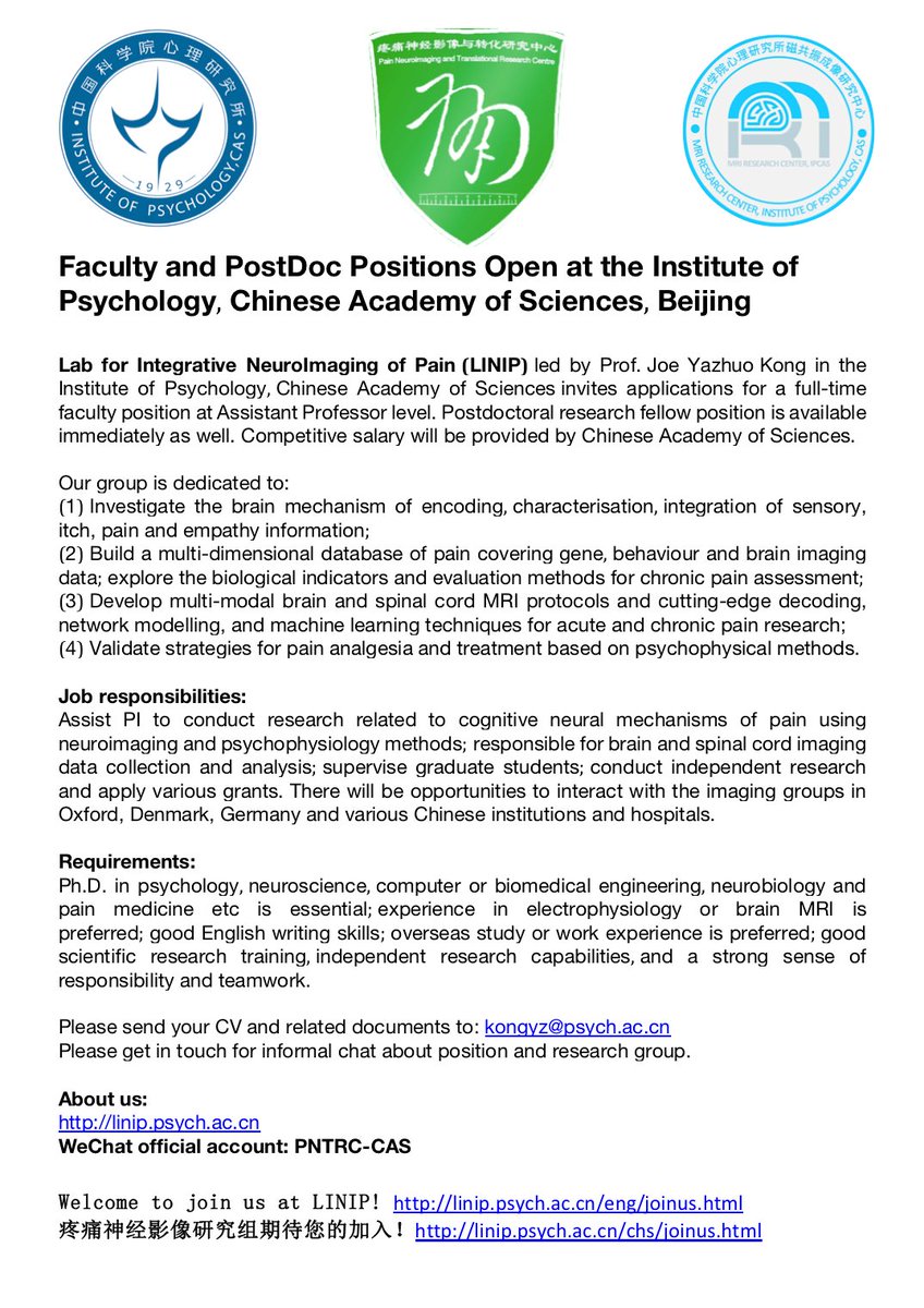JoeYzkong's tweet image. PhD/Postdoc/Junior faculty positions available & welcome to join our group in Beijing, to work on pain neuroscience, brain & spinal cord imaging, chronic pain mechanisms! Details: linip.psych.ac.cn/eng/joinus.html 中文: linip.psych.ac.cn/chs/joinus.html Please RT! @CogNeuroJobs
