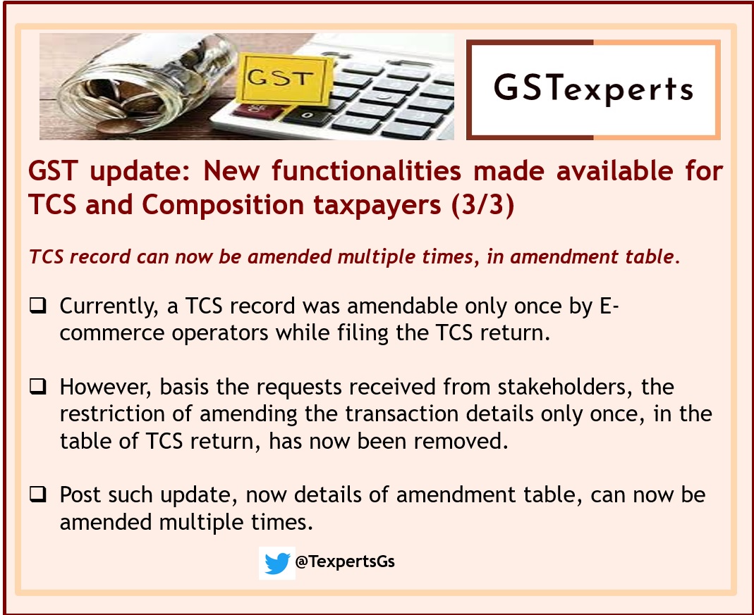 GST update | GSTN new functionalities made available for TCS and Composition taxpayers.
#GSTN #GST #compositionscheme #TCS #gstr8