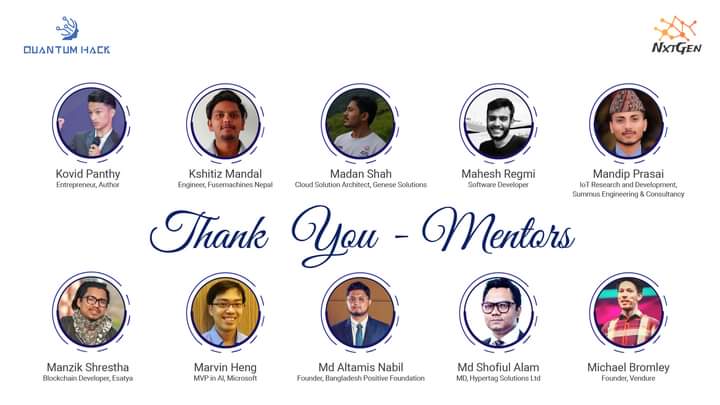 Quantum_Hack's tweet image. We would like to thank all the mentors of Quantum Hack. 

Thank you for dedicating your time and knowledge to assist our participants. We owe our success to your generosity and commitment.

#quantumhack #nepalcloudpro #genesecloudacademy #dogmagroup #microsoft #un #digitalevent