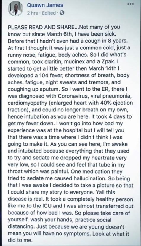 29 y.o. Quawn James from Atlanta,  #Georgia is a nurse practitioner and bodybuilder that SURVIVED  #COVID. He took this picture while intubated to raise awareness about this deadly disease.  @CTZebra  https://www.11alive.com/article/news/health/coronavirus/georgia-nurse-survives-covid19-battle/85-37c7b703-fe2f-41d3-b62f-f4a6ee2a838d