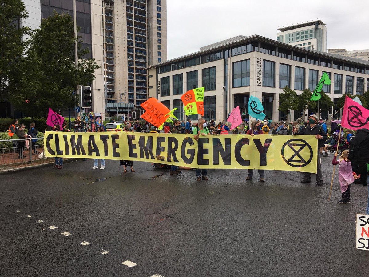 XR Forest of Dean Rebels are blocking a major road in Cardiff. The government is failing to take effective action on the climate crisis. #allforclimate #actnow #cardiffrebellion
