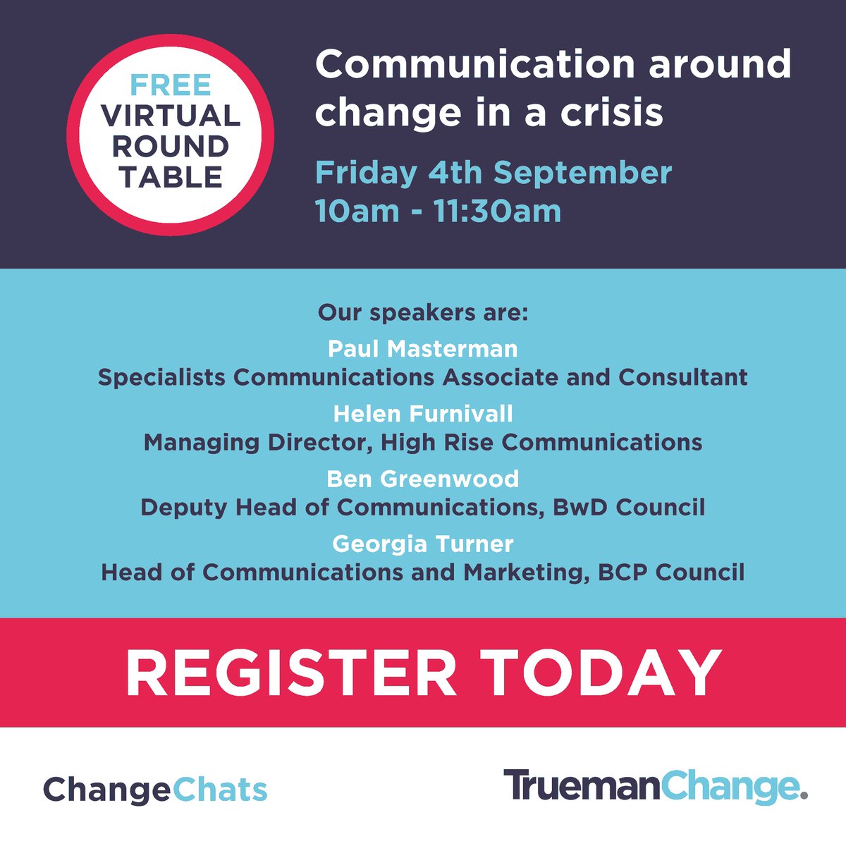HighRiseComms's tweet photo. This Friday, our MD @HelenFurnivall will be joining @InterimBoy, @Ben_Greenwood and @GeorgiaTurner to chat all things communications in a crisis as part of @TruemanChange's latest #ChangeChat 👥
Register to confirm your place, here 👉https://t.co/Pg3TK9VqtH
#change #comms #PR https://t.co/Fvivy18oqE