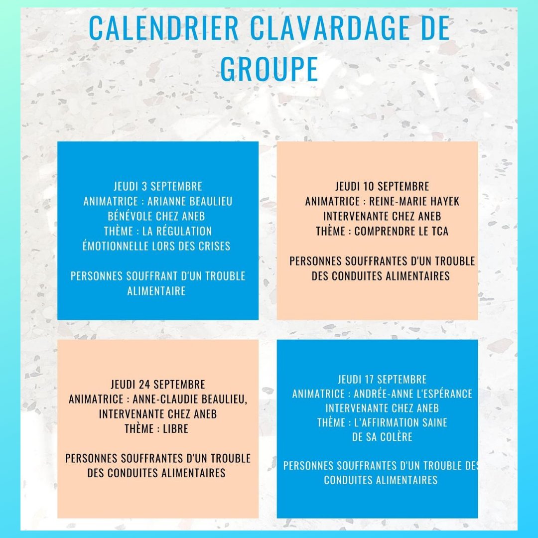 Voici le calendrier du mois de septembre pour les séances de clavardage de groupe (17 ans et plus).Les séances ont lieu le jeudi, de 19h à 21h.

Pour plus d'infos et/ou vous connecter dès 18 h 50, le soir du clavardage : anebquebec.com/services/aide-…

#tca #ed #aneb #ANEB_Quebec