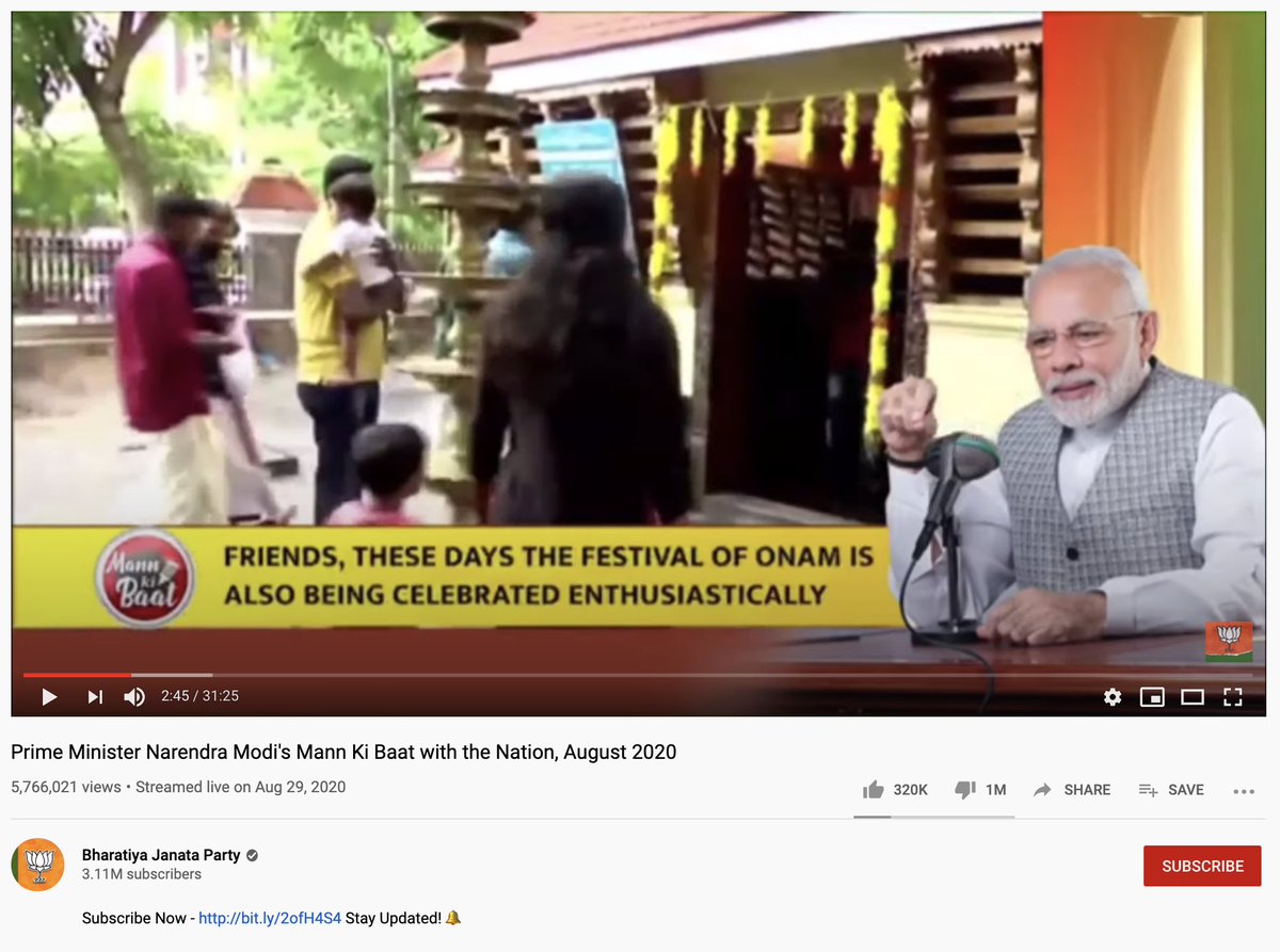 After the recent debacle involving mass 'Dislikes' on Modi's Mann Ki Baat video, on BJP's official YouTube channel, where the Dislikes have crossed 1 million (to 320K Likes)... 1/3