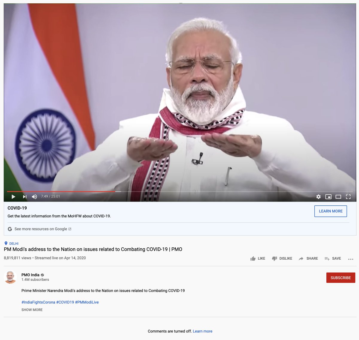 2/3 ...the PMO India YouTube channel has turned off all kinds of digital engagement possibilities on several videos. This includes the comments section being disabled (meaning old comments won't show) and also Likes and Dislikes.