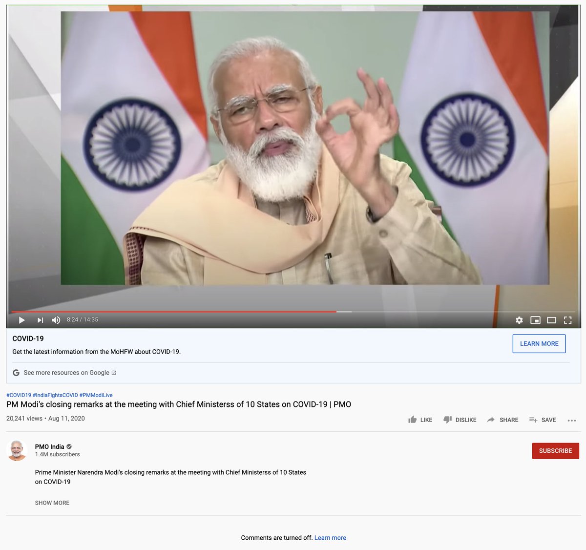 2/3 ...the PMO India YouTube channel has turned off all kinds of digital engagement possibilities on several videos. This includes the comments section being disabled (meaning old comments won't show) and also Likes and Dislikes.