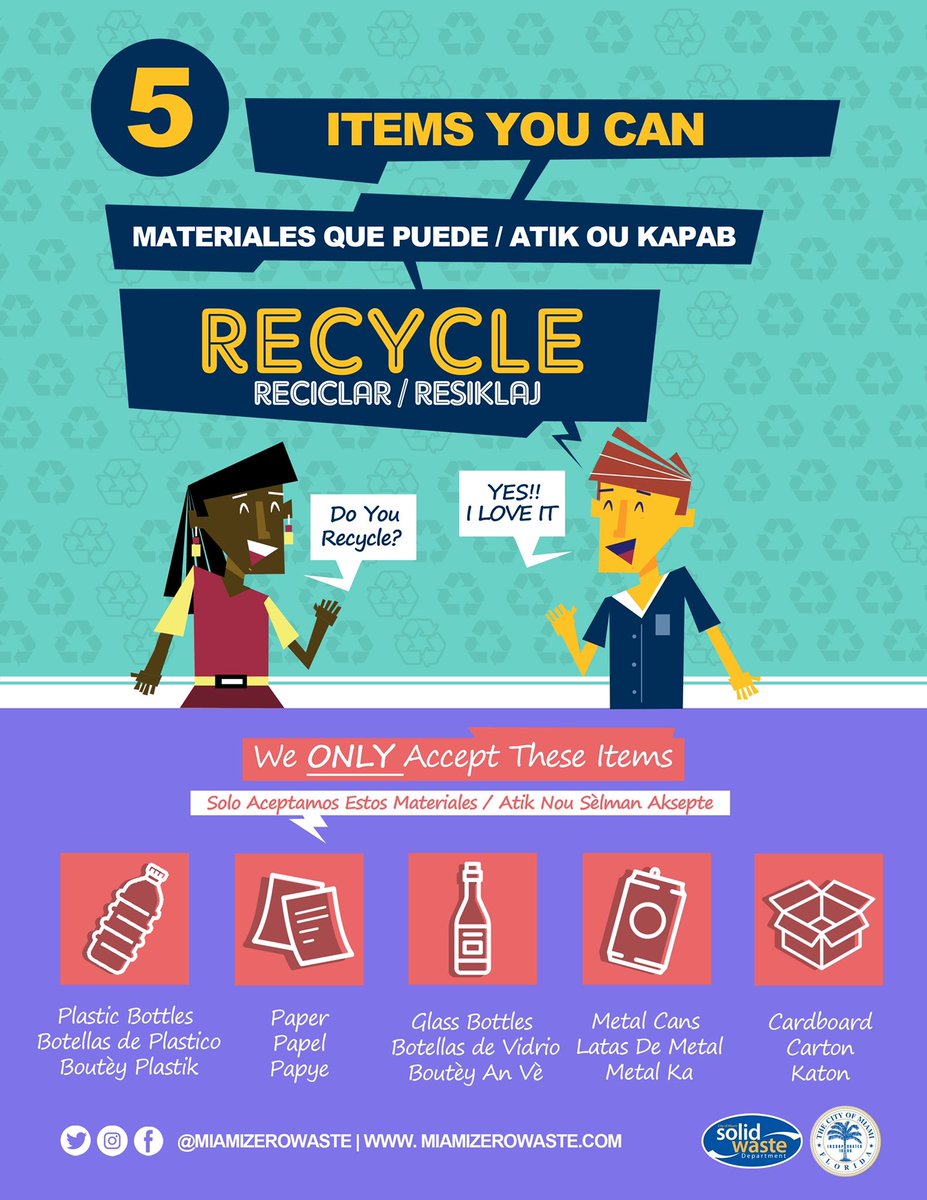 CityofMiami's tweet photo. Now that recycling has been resumed in the City of Miami, please remember to only recycle the following in your blue bins:
♻️ Plastic bottles
♻️ Paper
♻️ Glass bottles
♻️ Metal cans
♻️ Cardboard https://t.co/e8w7Nshktc