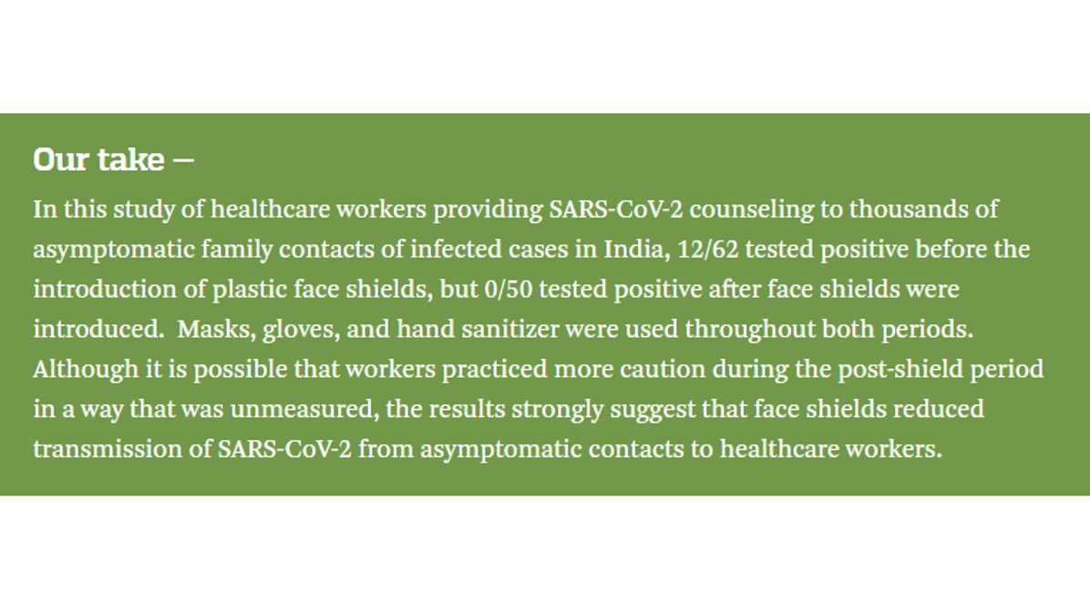 In  @jama_current, Bhaskar & Arun compared the  #SARSCoV2 infection rate before (May 3-15) and after (May 20-June 30) implementing the use of face shields for health care workers (HCW) conducting house visits for asymptomatic contacts in Chennai, India.  https://bit.ly/32ts84U 