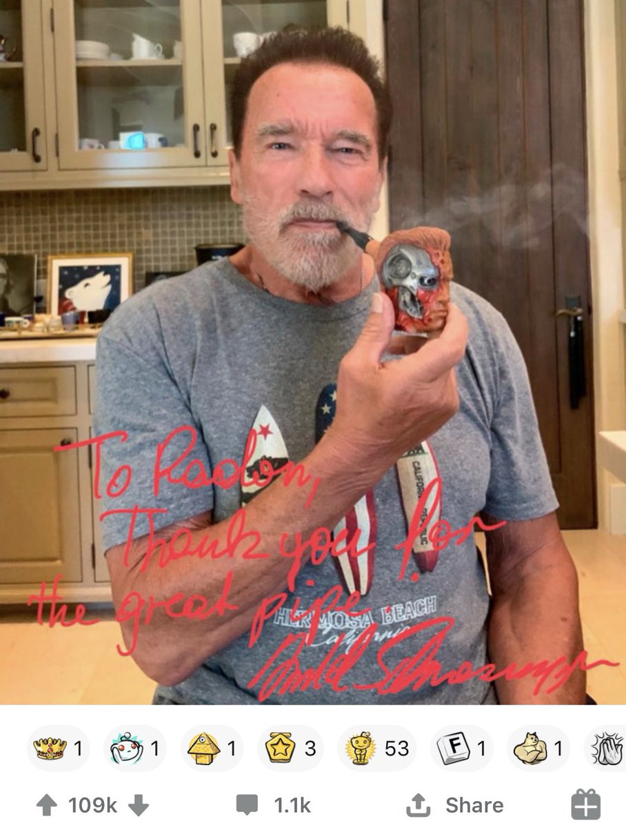 A fan on Reddit carved this pipe for Arnold  @Schwarzenegger’s birthday and then this happened: