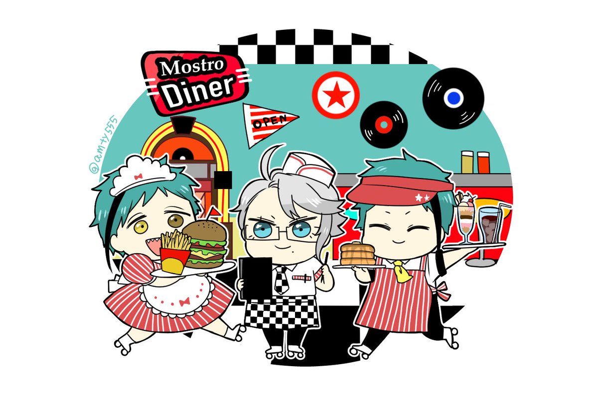 3boys multiple boys food male focus apron green hair tray  illustration images