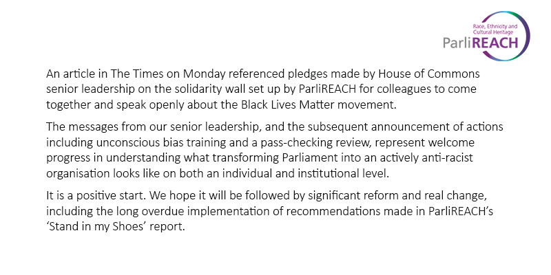 Yesterday @UKParliament returned from Summer recess to a busy Autumn agenda. ParliREACH will make sure that race, ethnicity and cultural heritage remain on the agenda. Read our response to @thetimes article on unconscious bias training below.