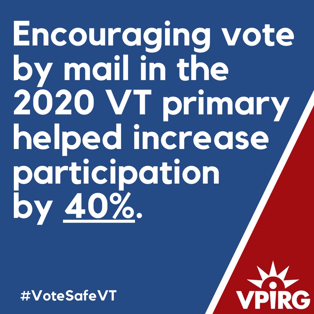 VPIRG's tweet photo. Our democracy works best when as many people as possible participate in it. Mail-in voting makes greater participation possible. Can't wait to see what turnout in November looks like!

#VoteSafeVT #VoteByMail #EquityThroughAccess #VTVotes2020 #VTPoli https://t.co/LYVB8grma5