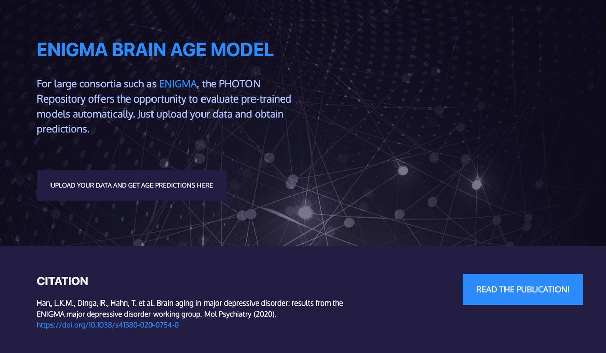 3 Simple steps to obtain brain age predictions:

Step 1: Follow standardized ENIGMA protocols for FreeSurfer data
Step 2: Zip 3 cortical and subcortical output files
Step 3: Upload folder to the web-based tool! 

photon-ai.com/enigma_brainage

Made by <a href="/wwu_mmll/">wwu-mmll</a> 

See thread below (1/5)