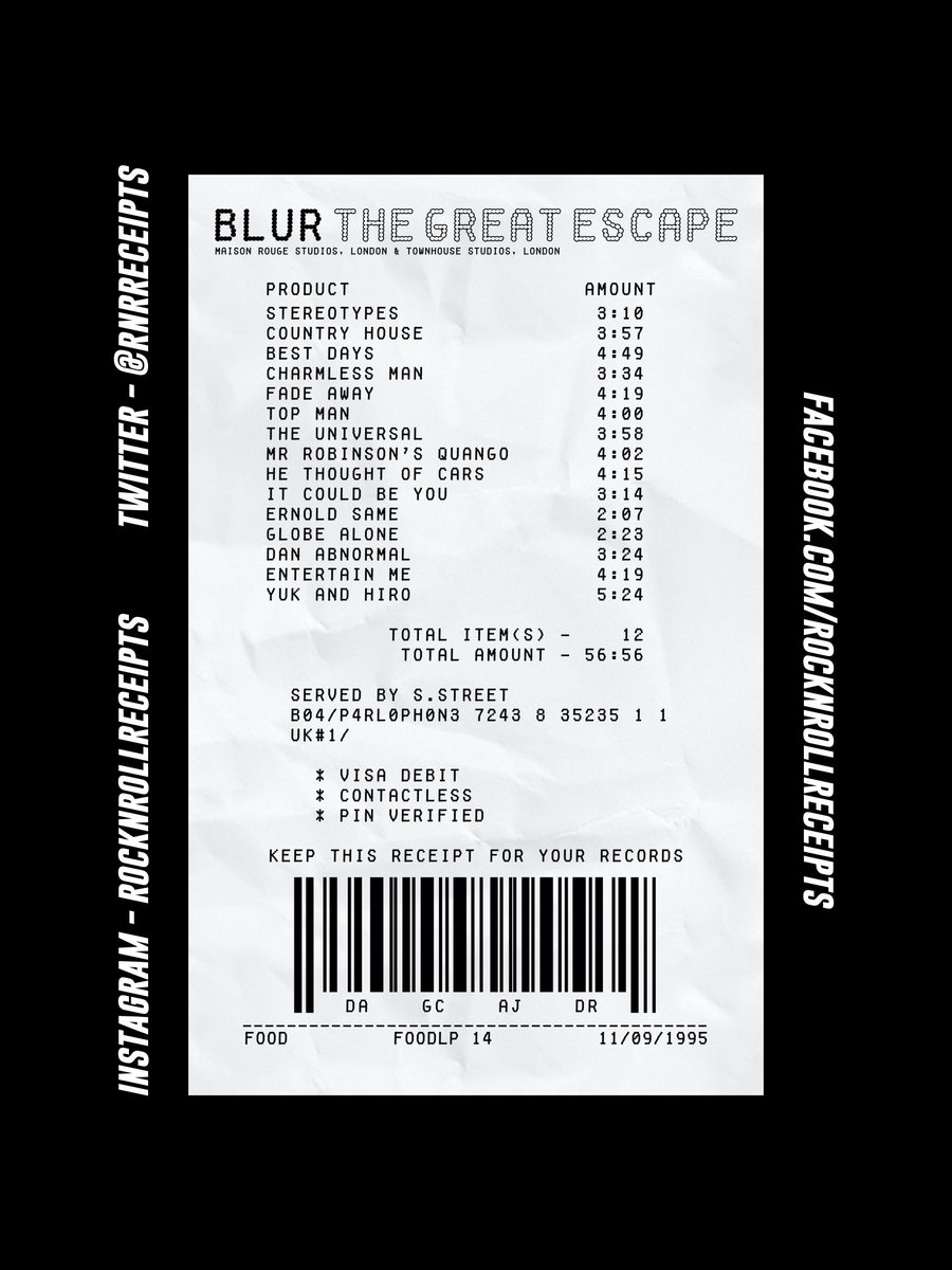 The 260th proof of purchase for your awesome taste in music is the Rock N Roll Receipt for ‘The Great Escape’ by Blur.
🎶
#rocknrollreceipts #blur #thegreatescape #damonalbarn #grahamcoxon #alexjames #daverowntree #stephenstreet  #britpop #indie #music #art