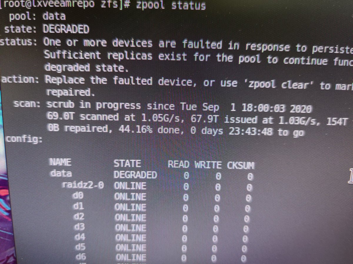 N1X0uT1aW's tweet image. Well first HDD failure on one of our @OpenZFSonLinux pools. See how this goes. 

#zfs #centos #zfsonlinux