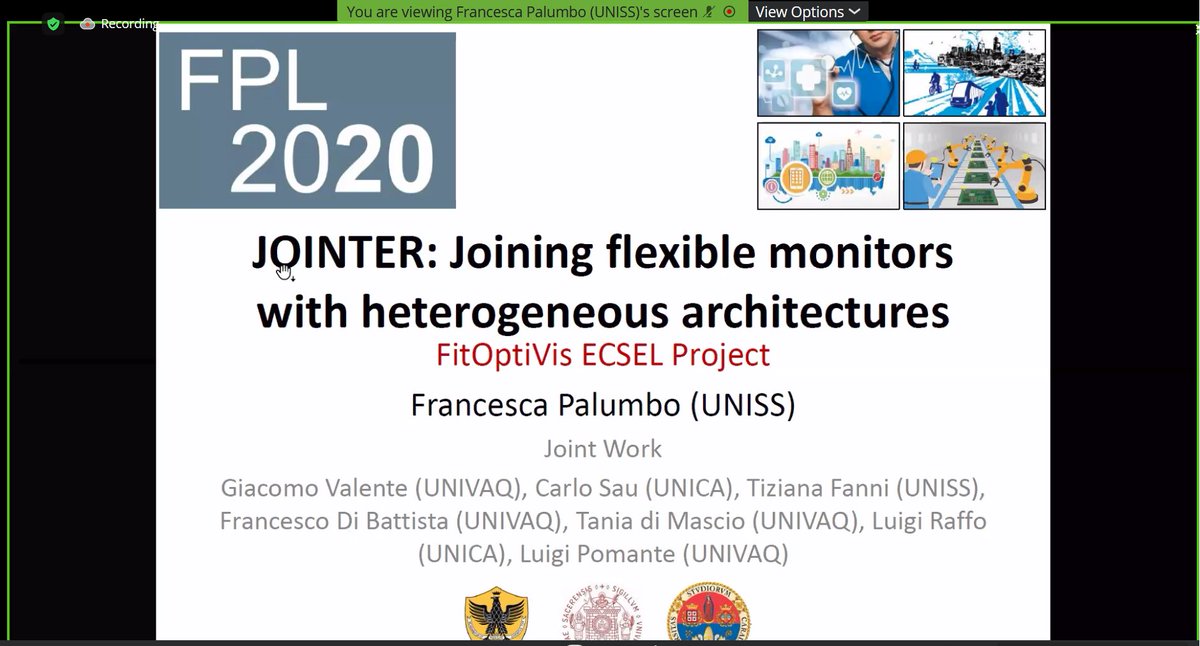 On the Fly! <a href="/fpalumbo80/">francesca palumbo</a> from <a href="/IdeaLabUniss/">IDEA Lab</a> is presenting #JOINTER at #FPL2020 conference. A joint work with <a href="/univaq/">Università degli Studi dell'Aquila</a> and <a href="/unicaeolab/">Unica Eolab</a> in the <a href="/FitOptiVis/">FitOptiVis</a> #ECSEL #project