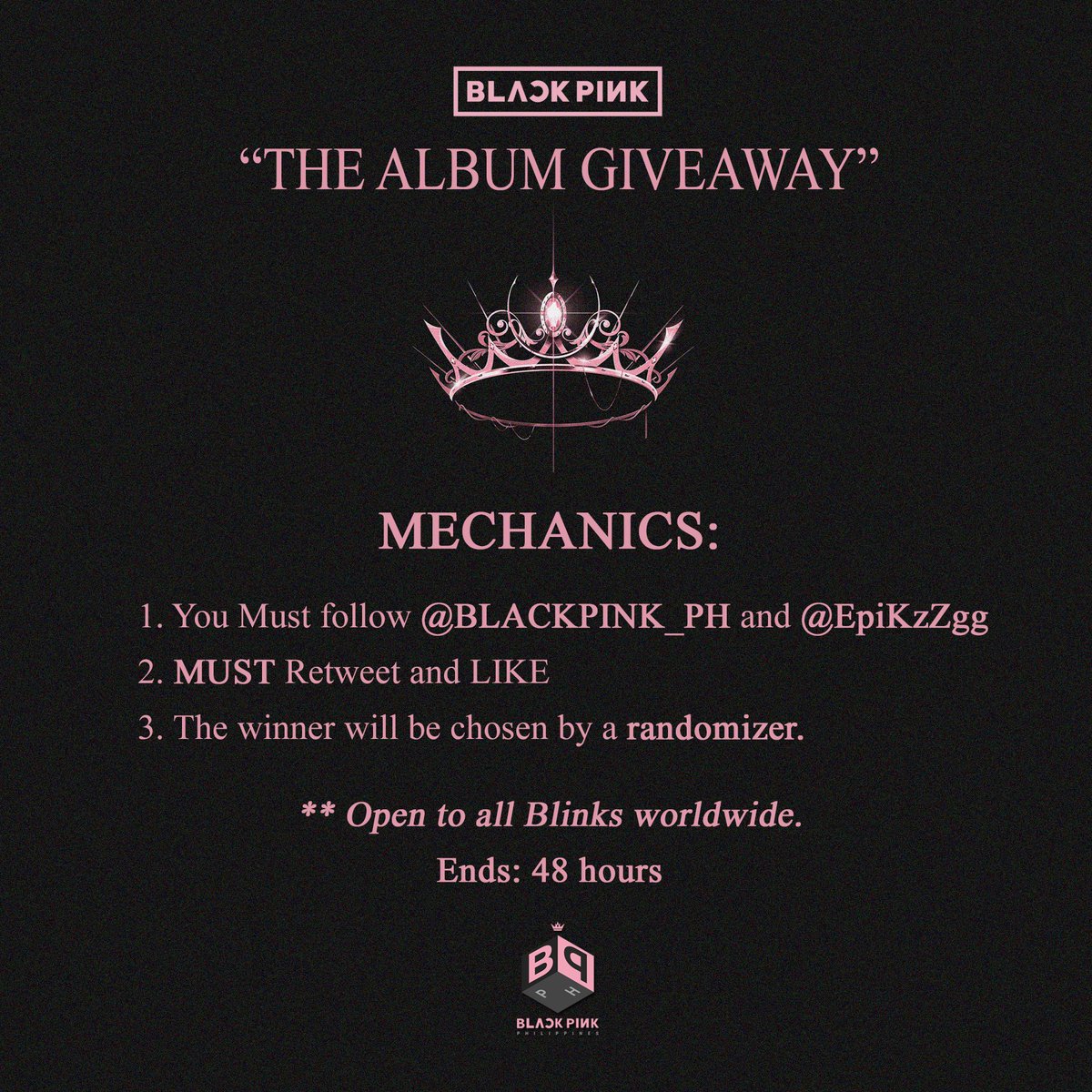 BLACKPINK_PH's tweet photo. 🌸#BLACKPINK 1st Full Album Giveaway🌸

Mechanics:
1. You Must follow @BLACKPINK_PH and @EpiKzZgg
2. MUST Retweet and LIKE
3. The winner will be chosen by a randomizer

** Open to all Blinks worldwide

Ends: 48 hours/09.04.2020

@BLACKPINK @ygofficialblink https://t.co/ZCk2GTYSjK