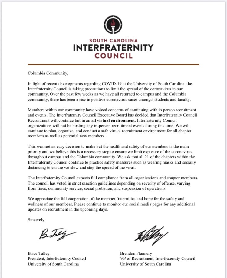 In order to keep our members and the surrounding community safe and healthy, we have decided to continue with fall recruitment, but in a fully virtual environment. @Bob_Caslen <a href="/thegamecock/">The Daily Gamecock</a> <a href="/thestate/">The State Newspaper</a>
