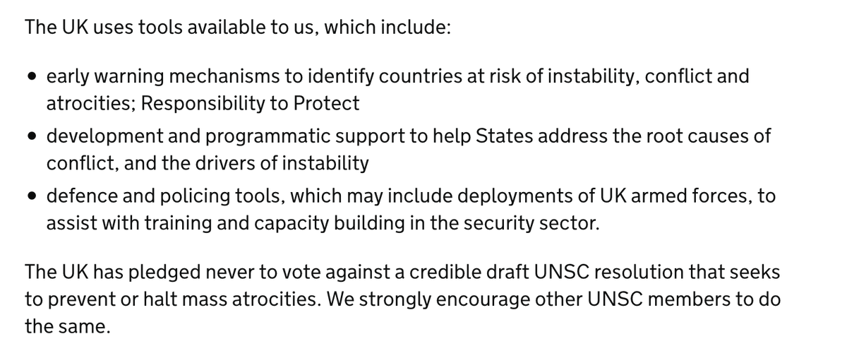 4. Okay - now the  #R2P and atrocity prevention stuff. YES, fab to see commitments to R2P + atrocity prevention included explicitly in UK's approach to  #POC. It's great the UK is continuing to do more to replicate its multilateral commitments in national instruments & policy.