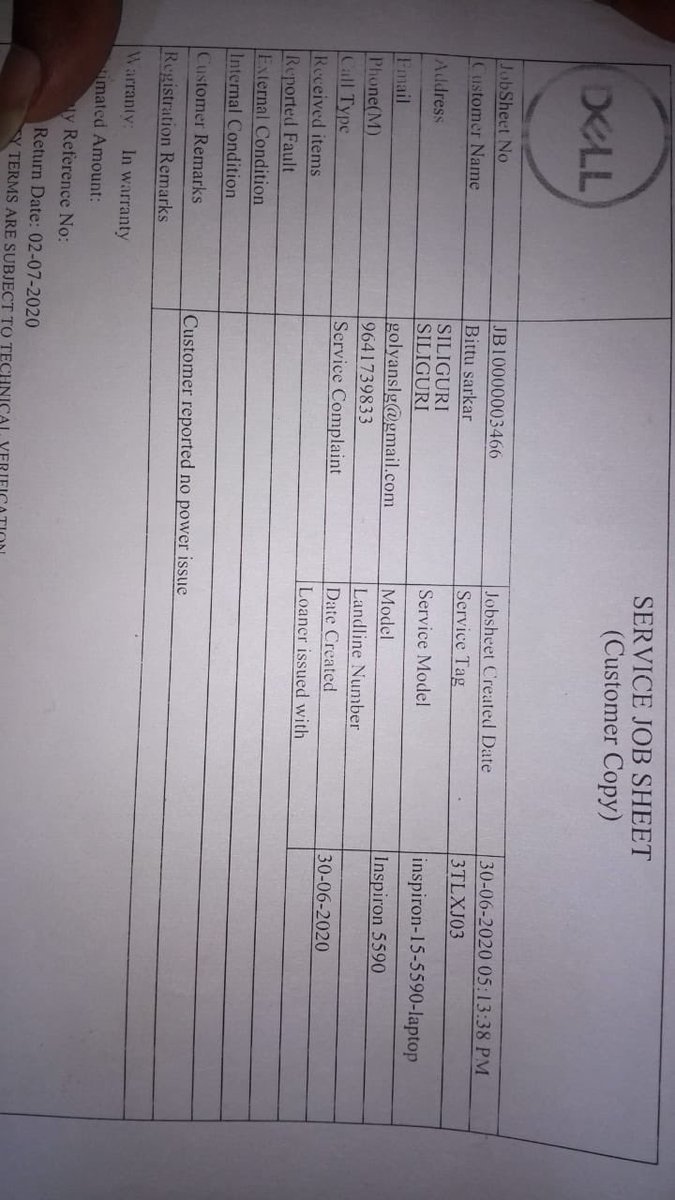 AmitAgawal's tweet photo. @DellCares @GoldyAgarwal4 This is the sevice job sheet dated 30th June’2020 https://t.co/FNV2UIGZMK