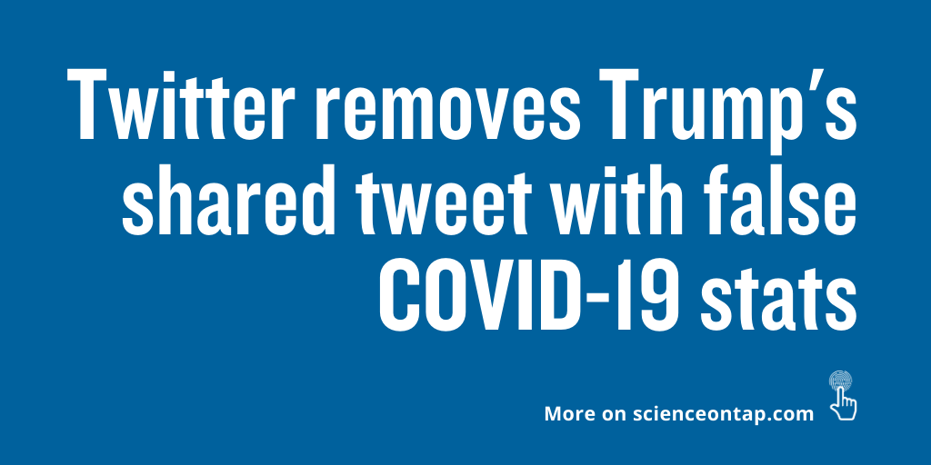 SciOnTapAAAS's tweet photo. Twitter took action to remove a tweet shared by @realDonaldTrump due to false information about #coronavirus statistics from the @CDCgov. https://t.co/Vv9ti5XD0s
#AAAS #scienceontap #scifacts #sciencenews #corona #covid #covid19 #covidstats #covidcases https://t.co/ppTXxTXfF3