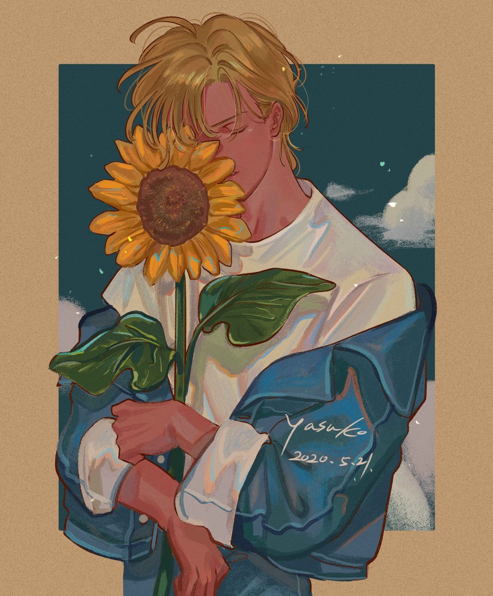 flower solo 1boy sunflower male focus blonde hair jacket  illustration images