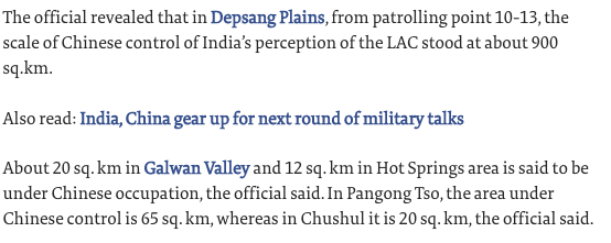 A source tells  @the_hindu that Indian intelligence assesses that China now controls 1,000km² inside India's "perception of the LAC" in Ladakh, most of it between patrol points 10 to 13. I suspect the acreage is less important than the positions, though. https://www.thehindu.com/news/national/china-controls-1000-sq-km-of-area-in-ladakh-say-intelligence-inputs/article32490453.ece