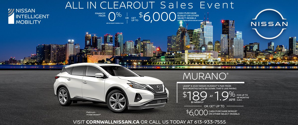 CornwallNissan's tweet photo. CORNWALL #NISSANINTELLIGENTMOBILITY #ALLINCLEAROUT #SalesEvent Sept 1 - 30 LEASE* A 2020 #NISSAN #MURANO® S FWD FROM $410 MON $0 DOWN $189 BI-WEEKLY AT 1.9% APR UP TO 48 MOS O.A.C. OR GET UP TO $6,000 CASH PUR BONUS* ON SEL MOD https://t.co/SjHj7BOBc0 #NissanCanada #NissanMotor https://t.co/bNZ1UDLiMY