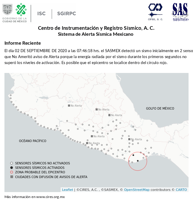 SASMEX's tweet photo. Informe preliminar del #Sismo del 02-sep-20 a las 07:46:18 hrs. Más información en https://t.co/wY7eVPBLV8 #TenemosSismo #LaPrevenciónEsNuestraFuerza https://t.co/TTkfsXJaLK