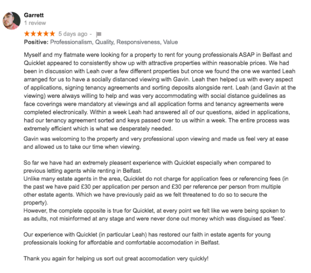 ⭐️⭐️⭐️⭐️⭐️ ALL ROUND!

Excellent reviews for all 3 branches

It's so rewarding to hear such positive feedback from landlords and tenants, particularly the review highlighting how quickly issues were resolved that were out of our control.

We put the 'quick' in 'quicklet!' 💁🏻‍♀️