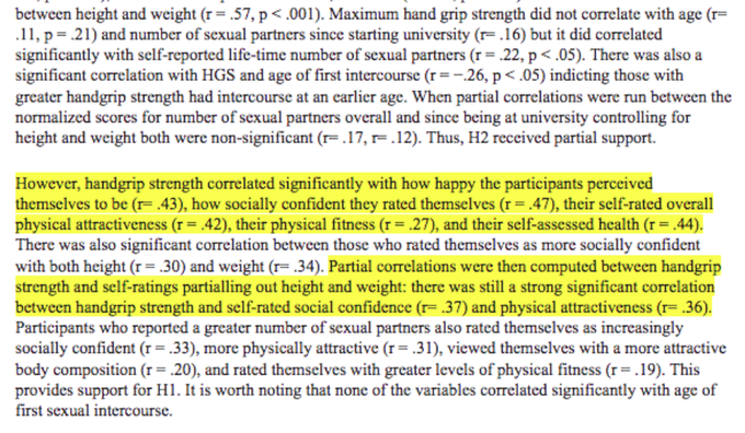  Nos homens, a força do aperto de mão está correlacionada com: a percepção de felicidade (r = 0.43); a saúde (r = 0.44); a confiança social (r = 0.47); atractividade física (r = 0.42) e o nº total de parceiros sexuais (r=.22).via  @robkhenderson https://link.springer.com/article/10.1007/s40806-016-0042-z
