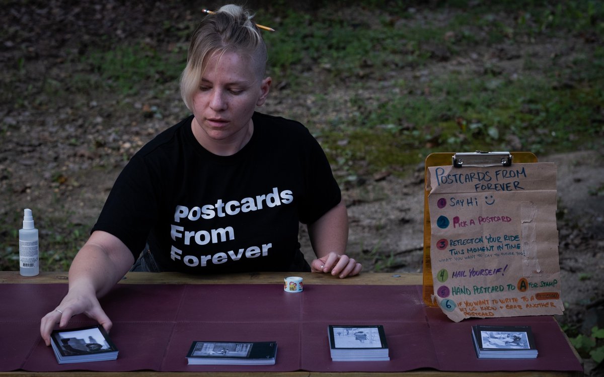 fine_acts's tweet photo. Last week for #PostcardsFromForever we hosted a postcard writing event to greet riders from Ride2DC on the fourth day of their journey. Participants were asked to write a postcard to themselves to be mailed and received after their time at the #NANMOW2020. https://t.co/B6QOhYqnck