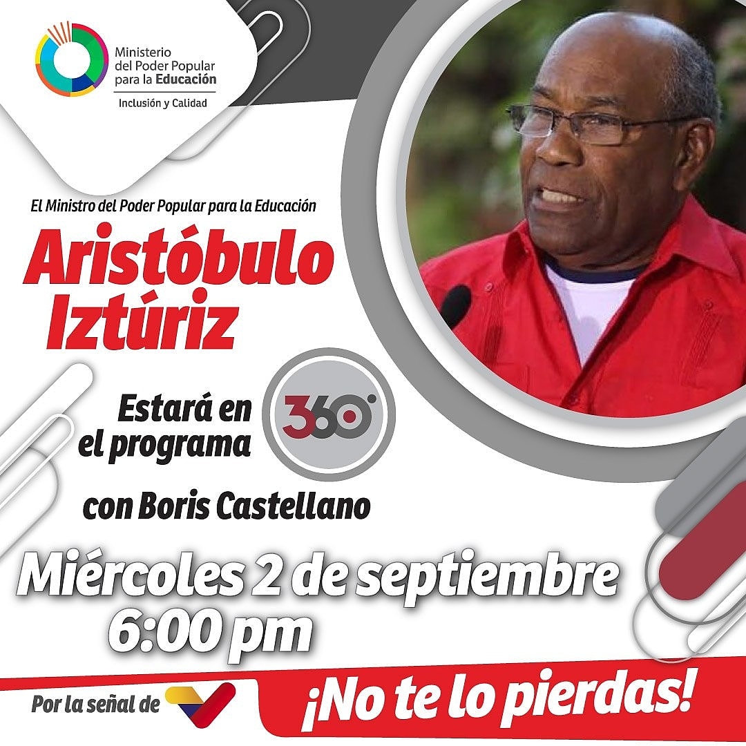 Te invitamos hoy 6:00pm a sintonizar El programa <a href="/360enDirecto/">360° en Directo</a> por <a href="/VTVcanal8/">VTV CANAL 8</a> conducido por <a href="/BorisCastellano/">Boris Castellano</a> quien tendrá como invitado al Min. @psuvaristobulo ¡No te lo pierdas!.
<a href="/NicolasMaduro/">Nicolás Maduro</a> #PatriaLibreYSoberana
@MPPEDUCACION <a href="/RosangelaOrozco/">Rosangela Orozco</a> <a href="/leoalvacabrera/">Prof. Leonardo Alvarado</a>
