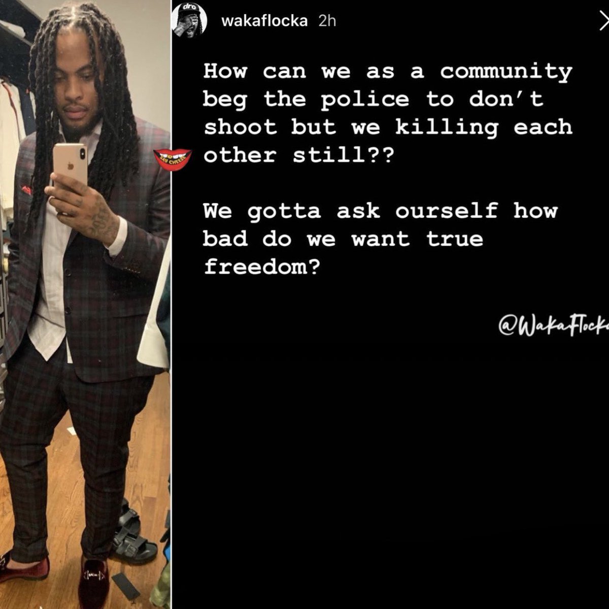 Waka FlockaComparing being consistently murdered by police to “black on black” crime is extremely foolish. Do our celebrities read? Serious question.