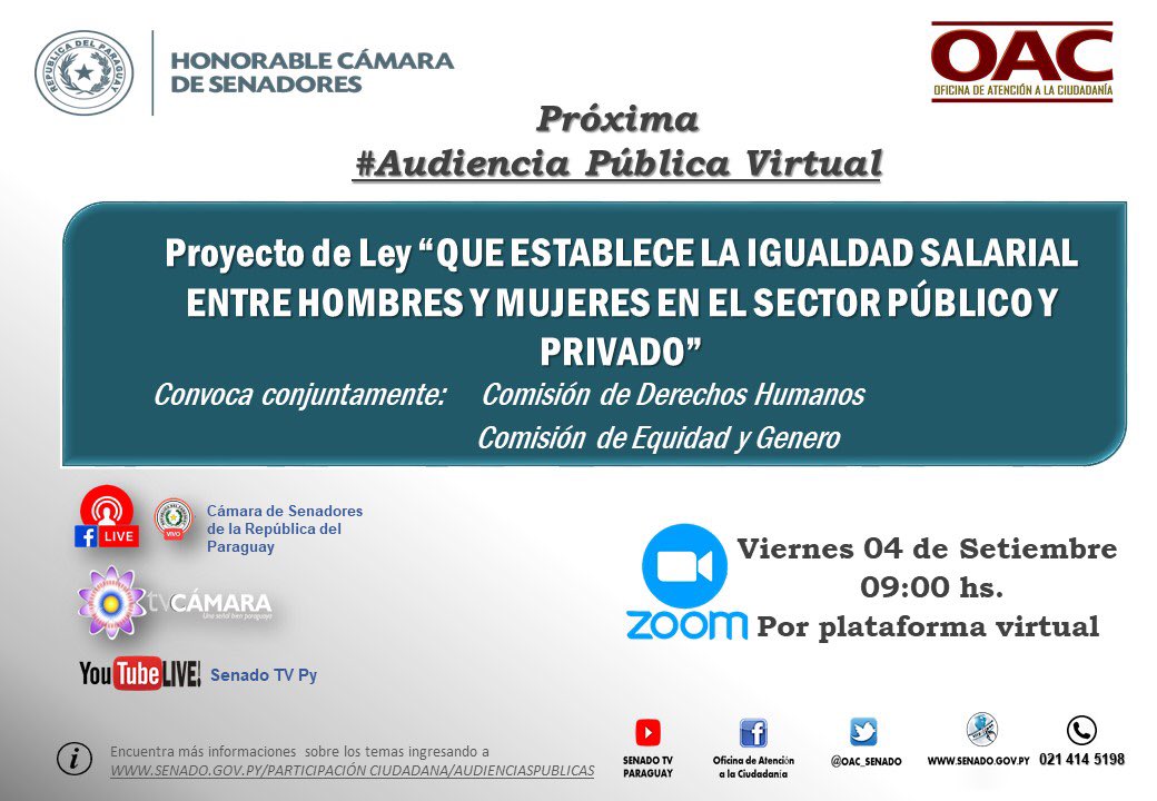 oac_senado's tweet photo. 🚨#ATENCION🚨
El Viernes 04/set, 08:30 hs tendremos una #AudienciaPública.
Se debatirá sobre el Proyecto de Ley: #IgualdadSalarial en el sector Público y Privado.
👉https://t.co/GDI3kS6UQF
Es convocada en forma conjunta por las Comisiones de #DerechosHumanos y #EquidadyGenero. https://t.co/k05JfKNjdj