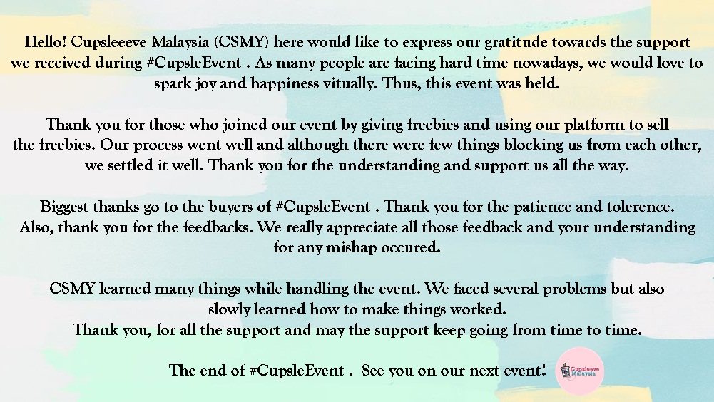 cupsleeveMY's tweet photo. - THE END - of #CupsleEvent🦄

Below are our "Thank yous" note and list of seller who joined. For those who didn't managed to buy during the event, you may refer to the list and contact the seller yourselves. I hope it helps 🤗

Thank you! 🥰
https://t.co/AZa5WrFS11 https://t.co/IJF980Kzbo