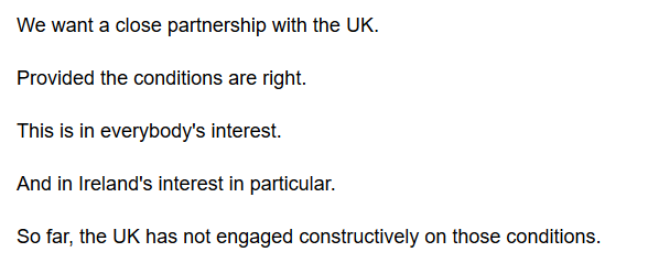 A big speech from Barnier today - setting out clearly the EU's view of how talks with the UK are proceeding. To reassure member states. Play the PR game. Annoy London a bit. With this message...  https://ec.europa.eu/commission/presscorner/detail/en/statement_20_1553