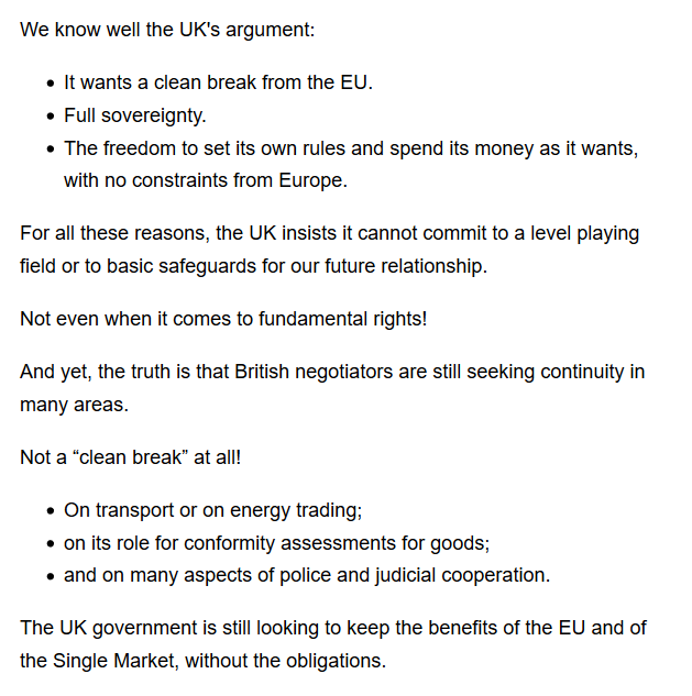 The heart of the Barnier / EU argument - the UK is not being honest