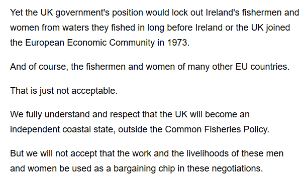 This bit amused me - so high-minded and thoroughly unrealistic. Not using the livelihoods of those working in fishing as a bargaining chip... ha