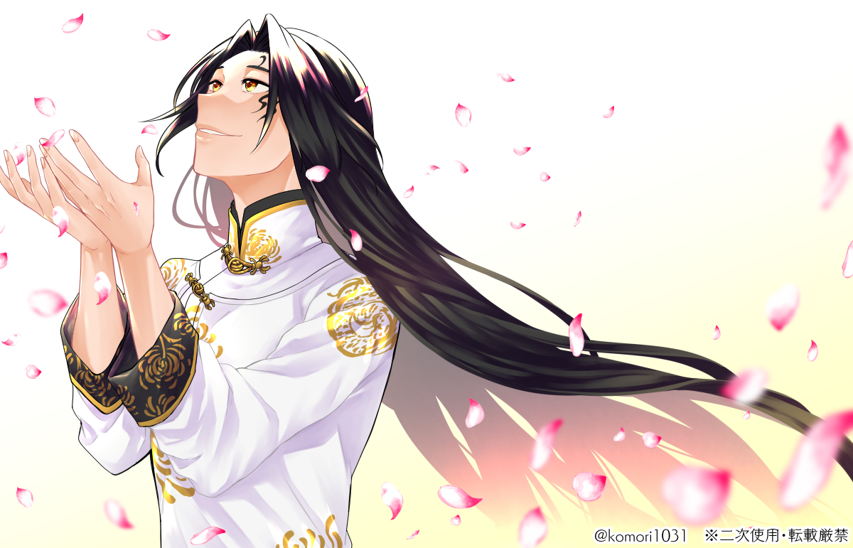 long hair 1boy male focus black hair solo petals chinese clothes  illustration images