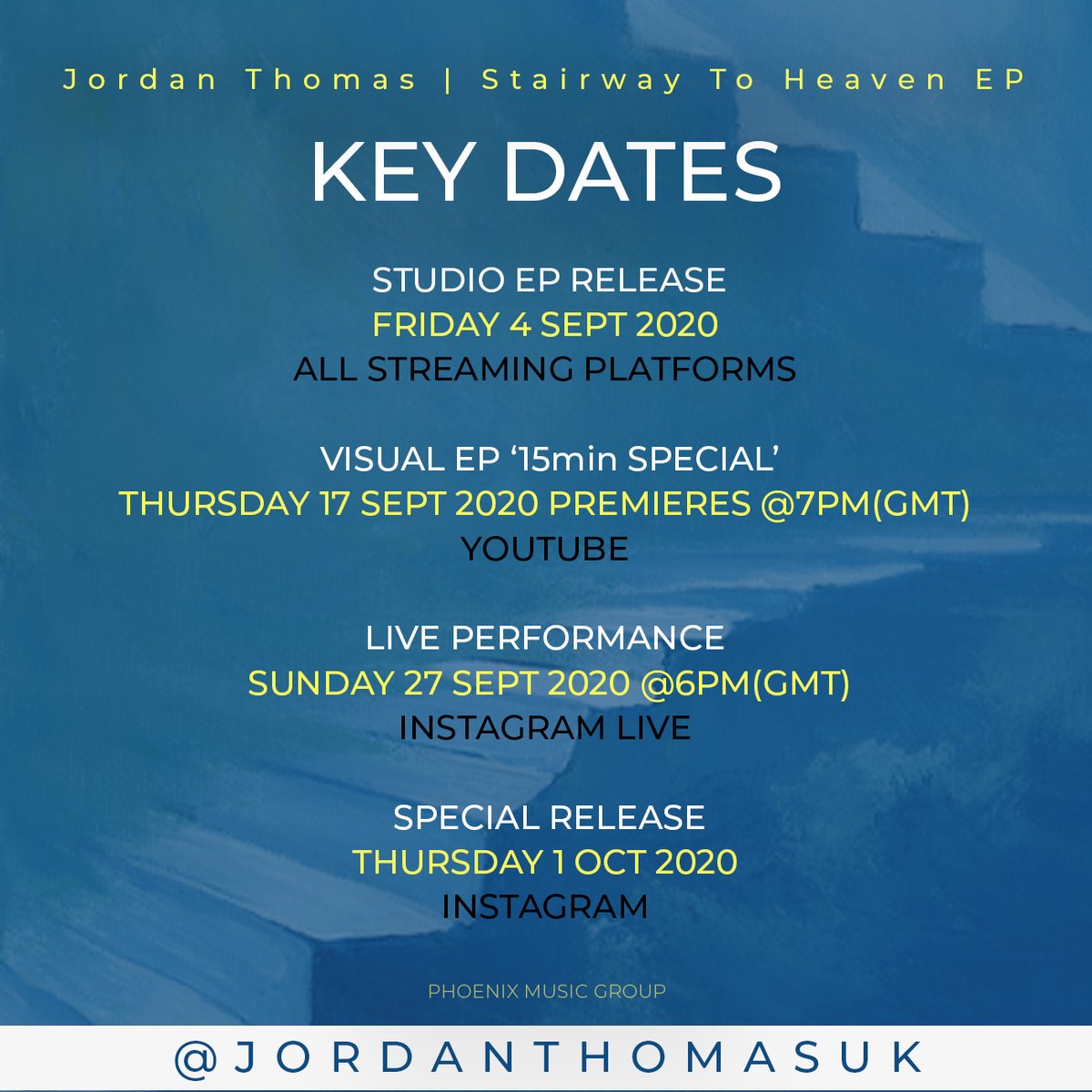 JordanThomasUK's tweet photo. My debut EP Stairway to Heaven comes out this Friday!!
Here are some key dates for your diary!! 💫 #NEWMUSIC #KEYDATES #NEWLEASES #NEWVISUALS #LIVEMUSIC #STH #STAIRWAYTOHEAVENEP #EP #SINGER #SONGWRITER #VISUALEP #PLAYLISTS #NewMusicFriday https://t.co/DQY2U6YoHY
